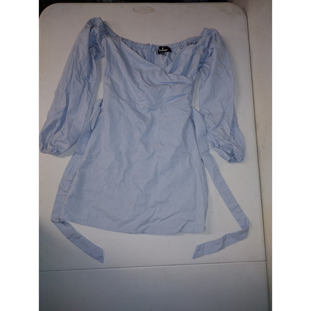 Lulus Light Blue Off Shoulder Linen Blend Mini Dress Long Balloon‎ Sleeve XS